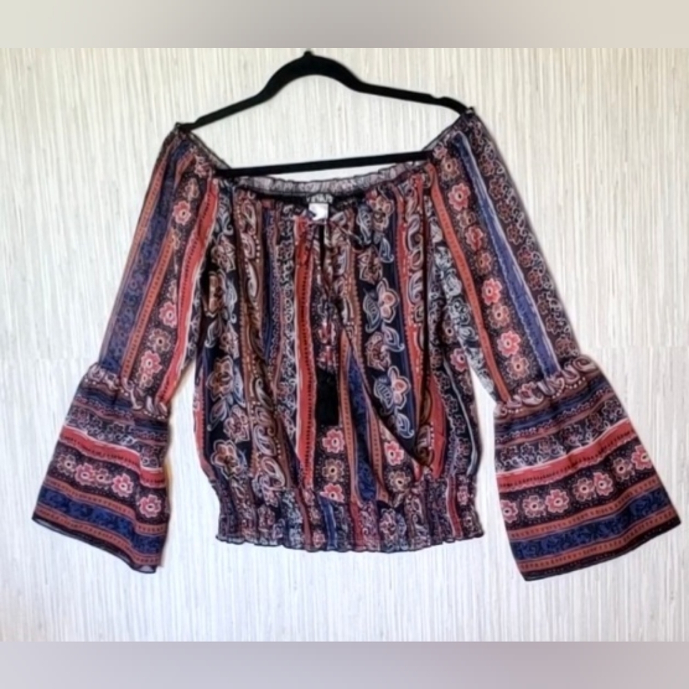Boho Off-Shoulder Peasant Blouse Bell Sleeves Paisley Elastic Waist Size 10 NWOT